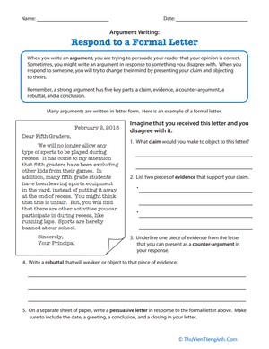 Argument Writing: Respond to a Formal Letter
