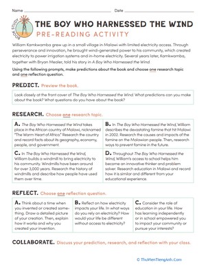Book Study: The Boy Who Harnessed the Wind: Pre-Reading Activity
