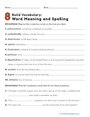 Build Vocabulary: Word Meaning and Spelling #8