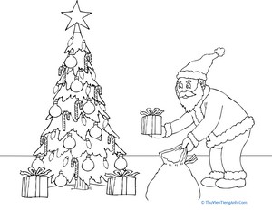 Santa Putting Presents Under the Tree Coloring Page