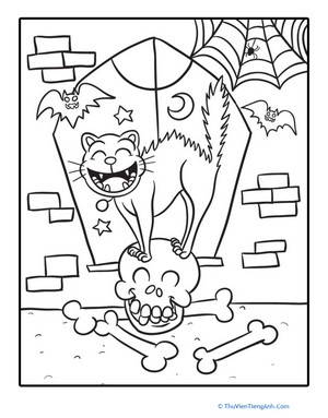 Skull and Cat Coloring Page