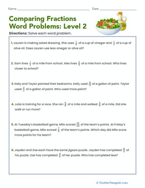 Comparing Fractions Word Problems: Level 2