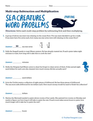 Sea Creatures Word Problems: Multi-step Subtraction and Multiplication
