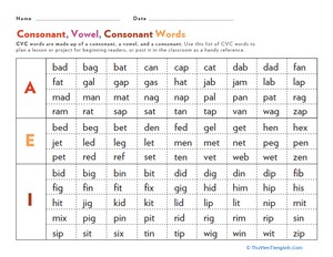 Consonant, Vowel, Consonant Words