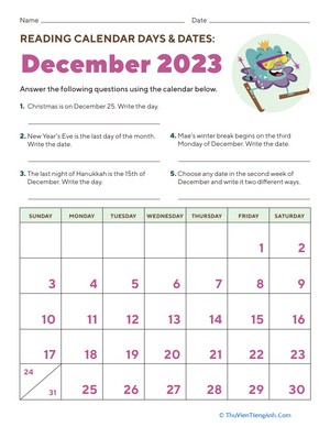 Reading Calendar Days and Dates: December 2023