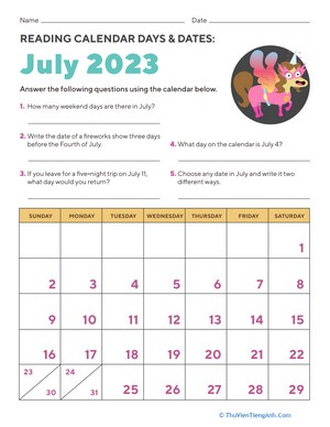 Reading Calendar Days and Dates: July 2023