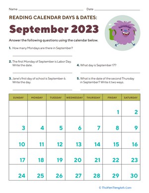 Reading Calendar Days and Dates: September 2023