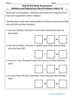 End of Year Math Assessment Addition and Subtraction Word Problems within 10