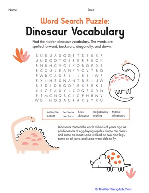 Word Search Puzzle: Dinosaur Vocabulary