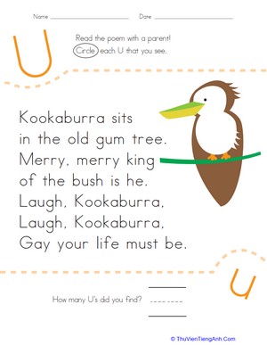 Find the Letter U: Kookaburra