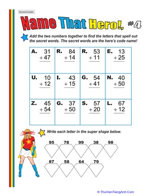 Name That Hero! Two-Digit Addition #4