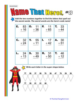 Name That Hero! Two-Digit Addition #8