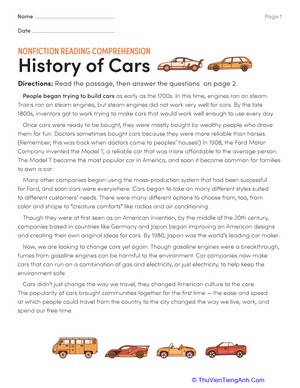 Nonfiction Reading Comprehension: History of Cars