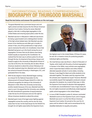 Informational Reading Comprehension: Biography of Thurgood Marshall