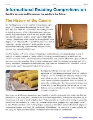 Informational Reading Comprehension: History of the Candle