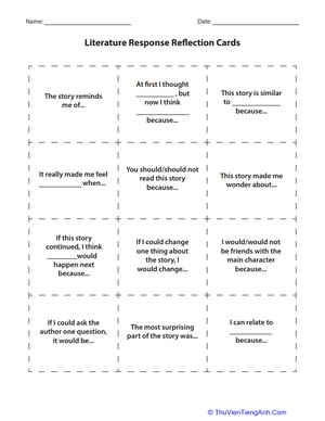 Literature Response Reflection Cards