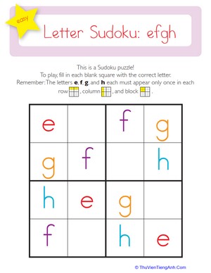 Lowercase Letter Sudoku: efgh