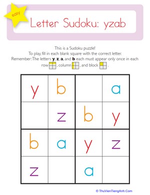 Lowercase Letter Sudoku: yzab