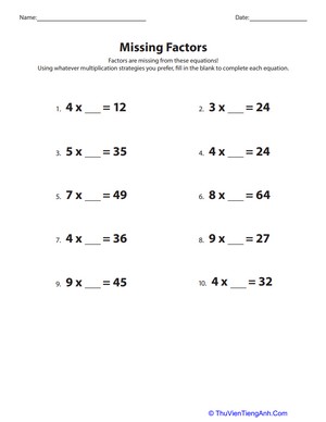 Fill in the Missing Multiplication Factors