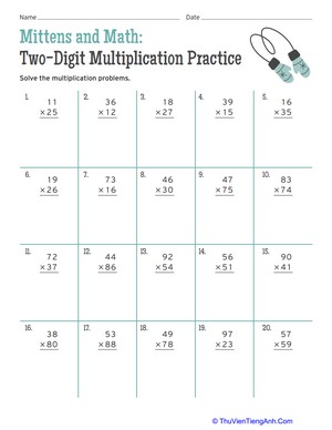 Mittens and Math: Two-Digit Multiplication Practice
