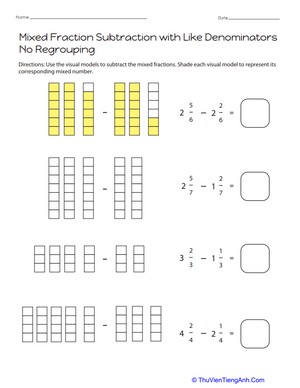 Mixed Fraction Subtraction with Like Denominators: No Regrouping