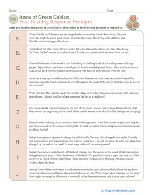 Novel Study: Anne of Green Gables: Post-Reading Response Prompts