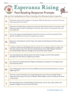 Novel Study: Esperanza Rising: Post-Reading Response Prompts