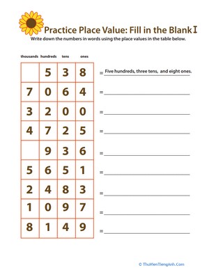 Practice Place Value: Fill in the Blank I