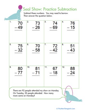Seal Show: Practice Two-Digit Subtraction