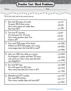 Practice Test: Addition & Subtraction Word Problems