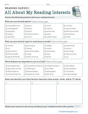 Reading Survey: All About My Reading Interests