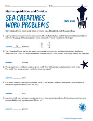 Sea Creatures Word Problems: Multi-step Addition and Division