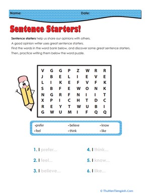 Sentence Starters: Writing Opinions