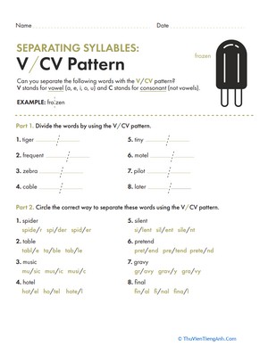 Separating Syllables: V/CV Pattern