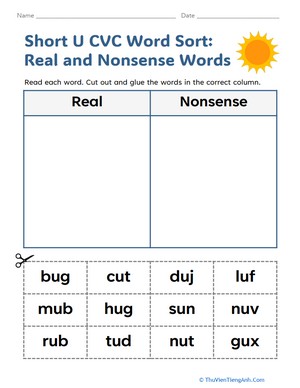 Short U CVC Word Sort: Real and Nonsense Words
