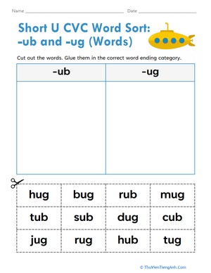 Short U CVC Word Sort: -ub and -ug (Words)