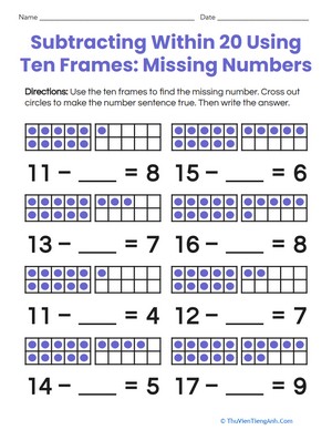 Subtracting Within 20 Using Ten Frames: Missing Numbers