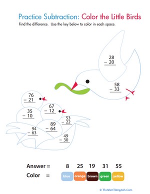 Color by Number: Practice Two-Digit Subtraction 10