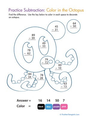 Color by Number: Practice Two-Digit Subtraction 7