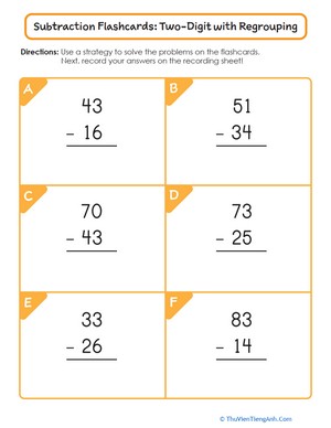 Subtraction Flashcards: Two-Digit with Regrouping