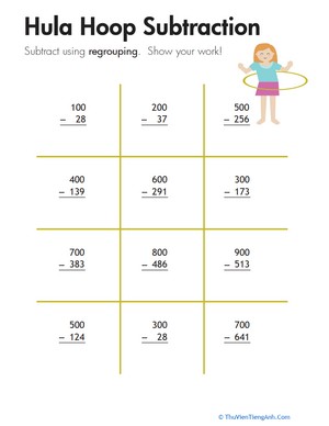 Hula Hoop: Three-Digit Subtraction with Regrouping