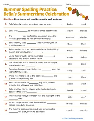 Summer Spelling Practice: Bella’s Summertime Celebration