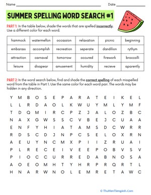 Summer Spelling Word Search #1