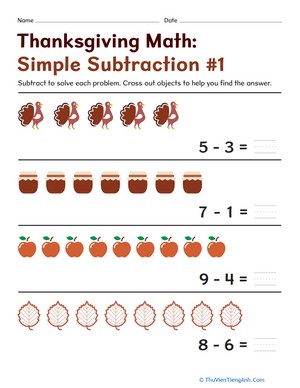 Thanksgiving Math: Simple Subtraction #1