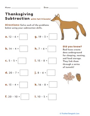 Thanksgiving Subtraction #2