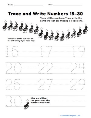 Trace and Write Numbers 15–30