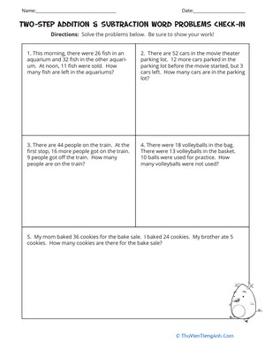 Two-Step Addition & Subtraction Word Problems Check-In