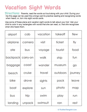 Vacation Sight Words