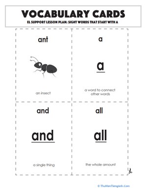 Vocabulary Cards: Sight Words that Start with A