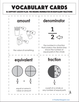 Vocabulary Cards: The Missing Numerator in Equivalent Fractions